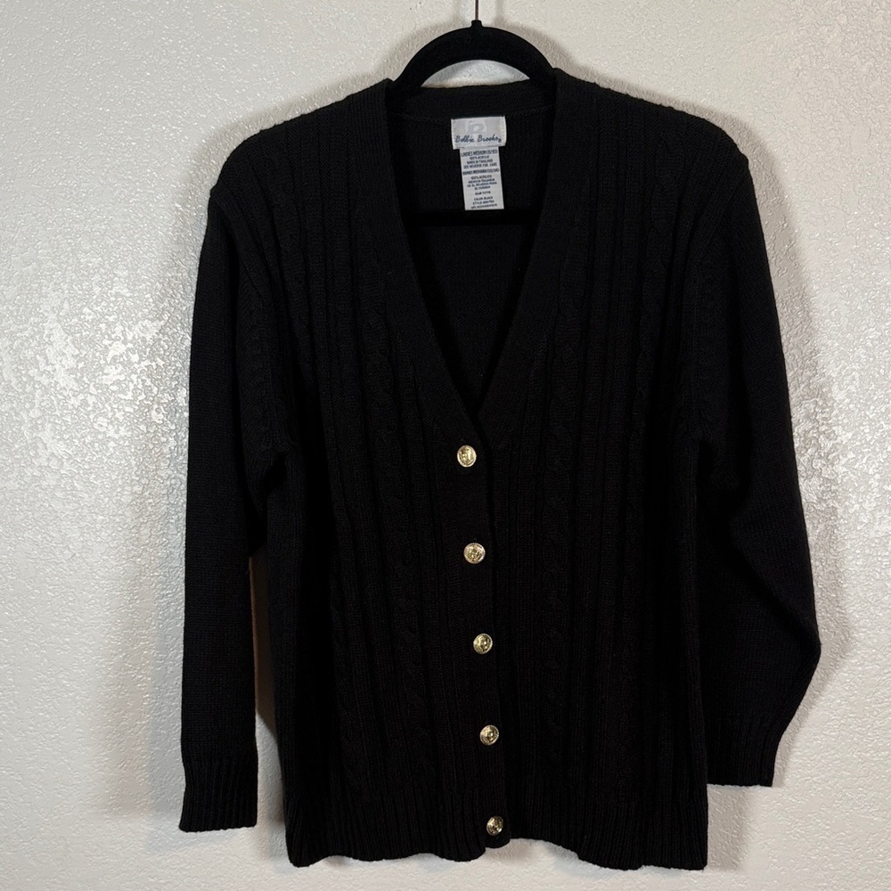 Vintage Bobbie Brooks Black Cable Knit Cardigan Gold Crest Buttons Size Medium